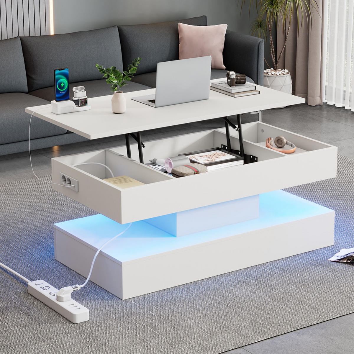 COUCHTISCH Weiß 100/50/42 cm mit LED-Beleuchtung und Steckdosen - Weiß, Holzwerkstoff (100/50/42cm) - PANGIVO