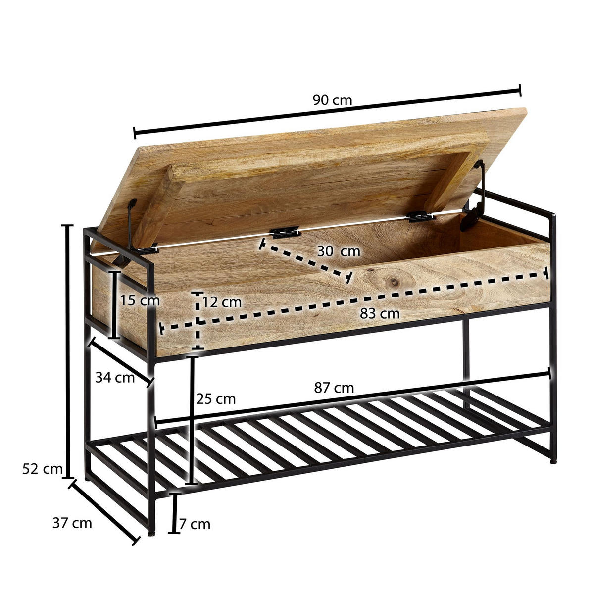 FLURBANK Holz Metall Sitzfläche hochklappbar, Beige 90x38x52 cm - Beige/Schwarz, Holz/Metall (90/52/38cm) - KADIMA DESIGN