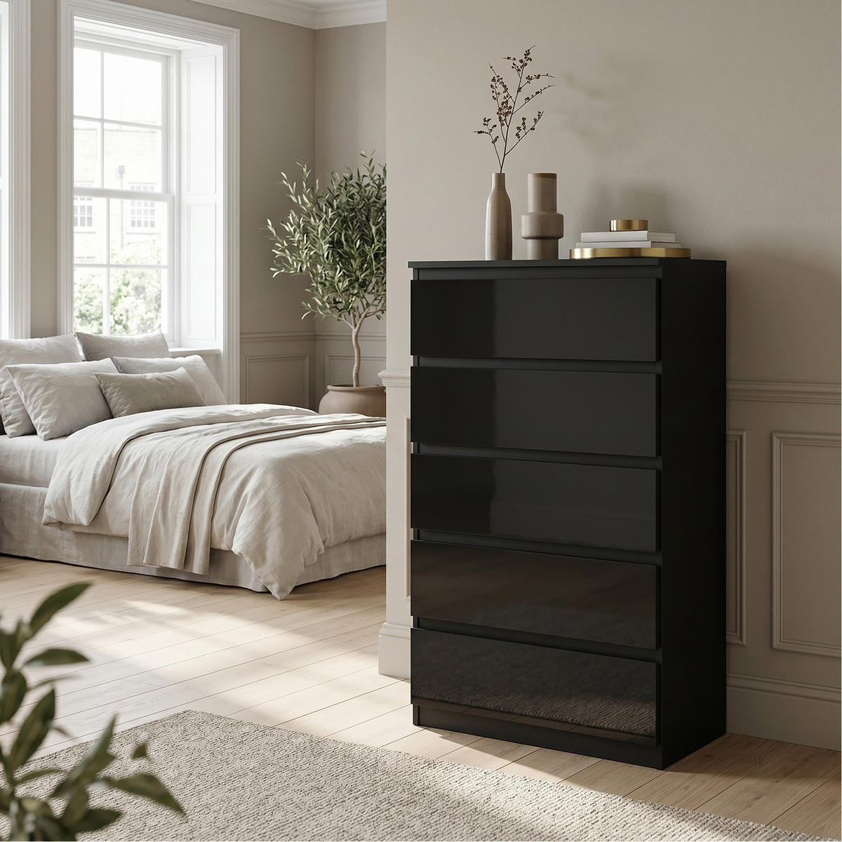 KOMMODE NUDO 70/124,5/39cm mit 5 Schubladen Türen Schwarz - Schwarz Hochglanz/Schwarz, Holzwerkstoff (70/124.5/39cm) - MASSENO