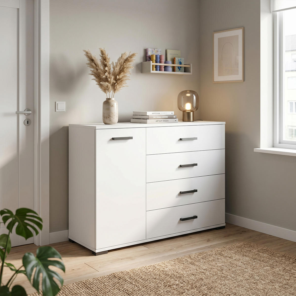 KOMMODE ALBANO 120/83/40cm mit 4 Schubladen 1 Türen Weiß - Weiß, Holzwerkstoff (120/83/40cm) - MASSENO