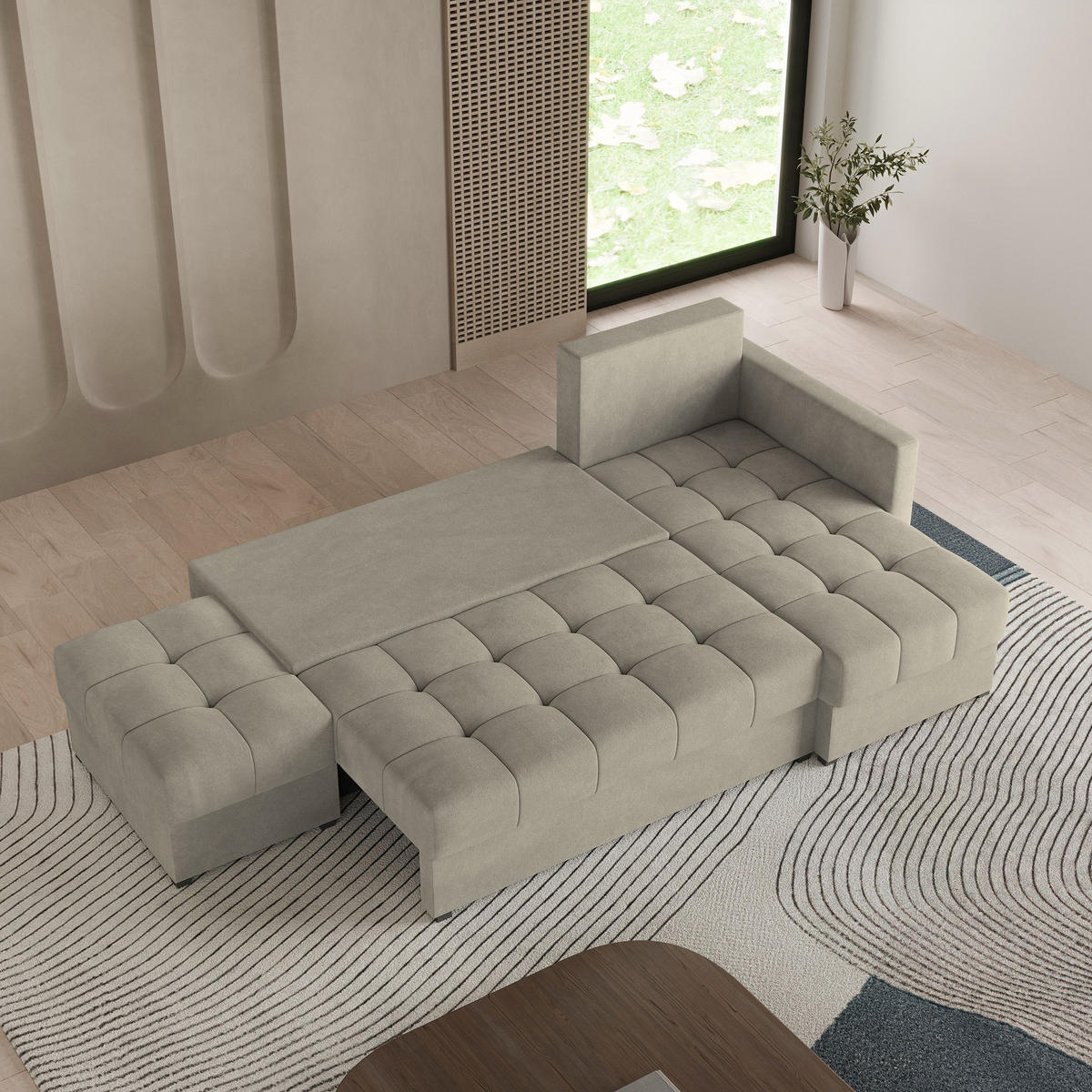 ECKSOFA LUMARI R-S Beige Plüsch-Stoff mit Schlaffunktion - Beige, Holz (262/143cm) - MASSENO