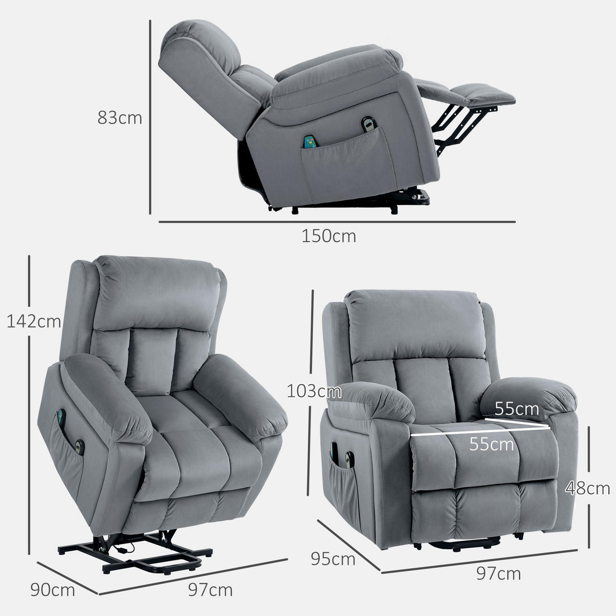 MASSAGESESSEL DE-15423 mit Massage, Heizung und Aufstehhilfe Grau - Grau, Metall (95/103/90cm) - ComfortXL