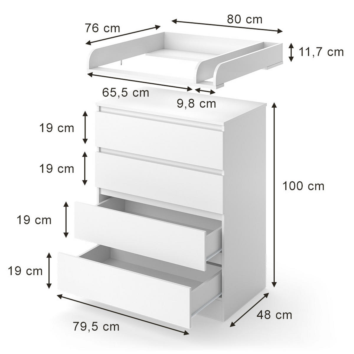 PREVIJALNA OMARA Emmi, Bela, 80 x 111.6 cm s 4 predali - bela, leseni material (80/111.6/76cm) - VitaliSpa