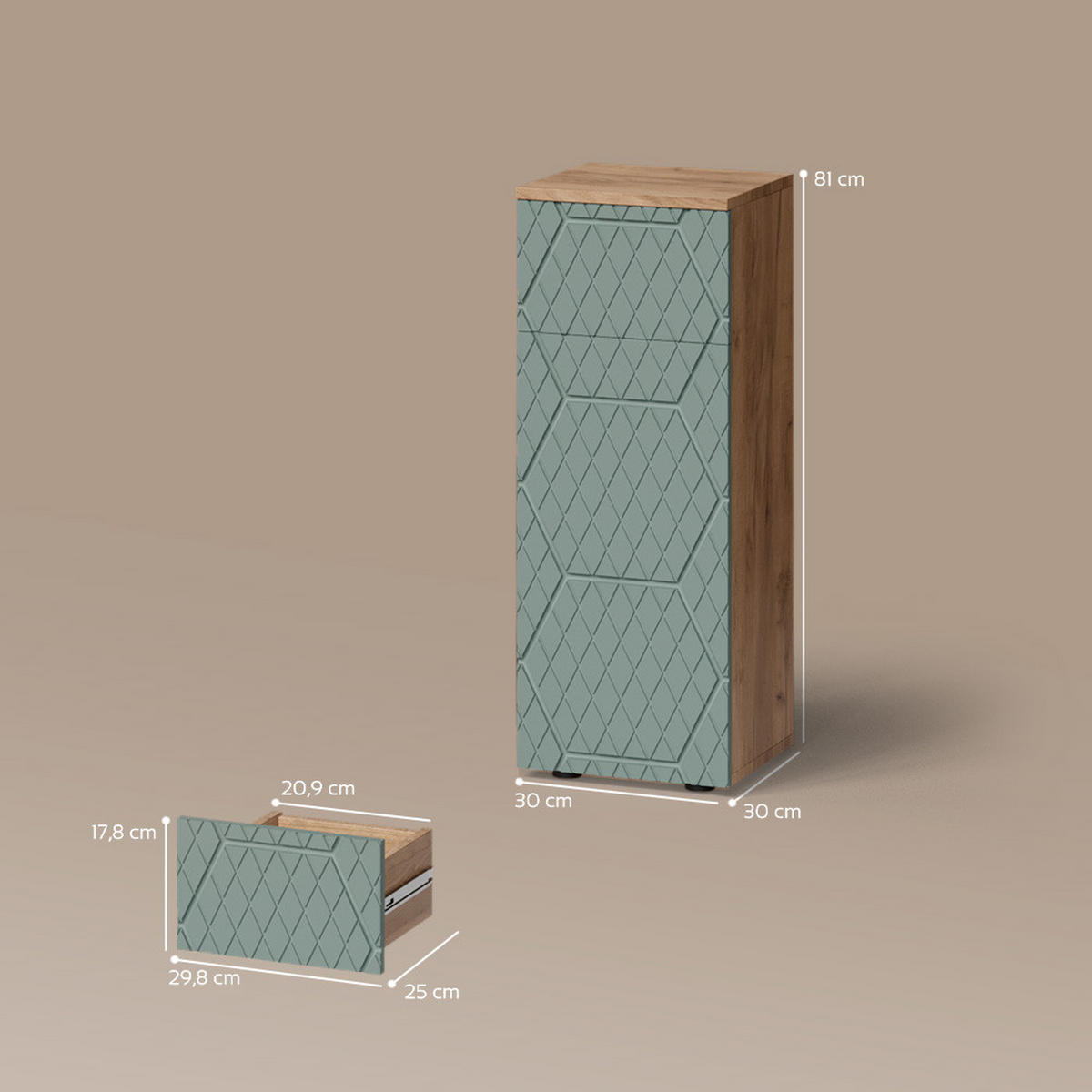 MIDISCHRANK Ronco Grün/Goldkraft Eiche 30 x 81 cm mit 1 Schublade, 2 Fächer, Badezimmer - Grün, Holzwerkstoff (30/81/30cm) - Livinity®