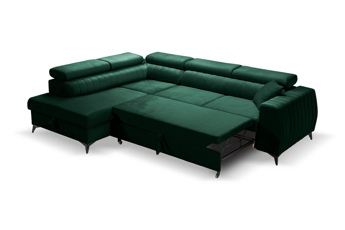 ECKSOFA PIERO L Links mit Schlaffunktion 195x125 Velours Dunkelgrün - Dunkelgrün/Schwarz, Holz/Textil (268/203cm) - Muffo