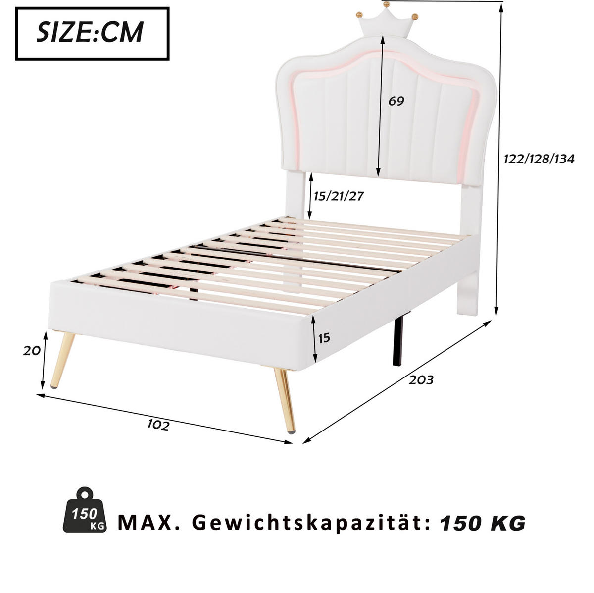 KINDERBETT 90/200 cm mit LED-Beleuchtung, verstellbarem Kopfteil und Muschel-Kronen-Design, Weiß - Weiß, Textil (90/200cm) - Redom