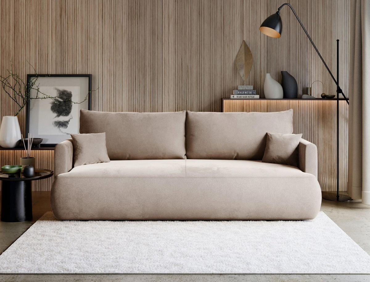 3-SITZER SOFA Ovo Mini Beige Velours Easy-Clean - Beige/Schwarz, Kunststoff/Textil (226/90/97cm) - Selsey