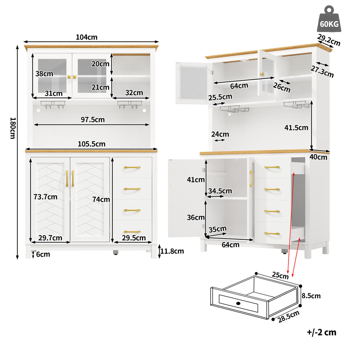 BUFFET ormarić od MDF-a, 105,5/40/180 cm bijeli, s LED rasvjetom i velikim spremišnim prostorom - bijela, drvni materijal (105.5/180/40cm) - BEAOK