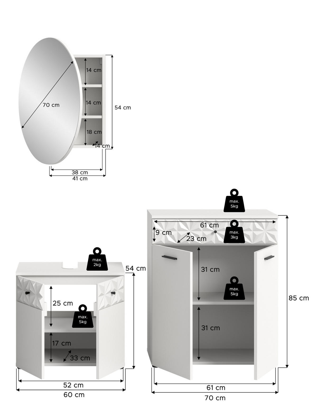 BADMÖBEL-SET weiß Hochglanz 3-teilig 155 cm, Komplettset mit 3D-Struktur - Weiß Hochglanz, Glas/Holzwerkstoff (155/187/37cm) - Inn.Furn