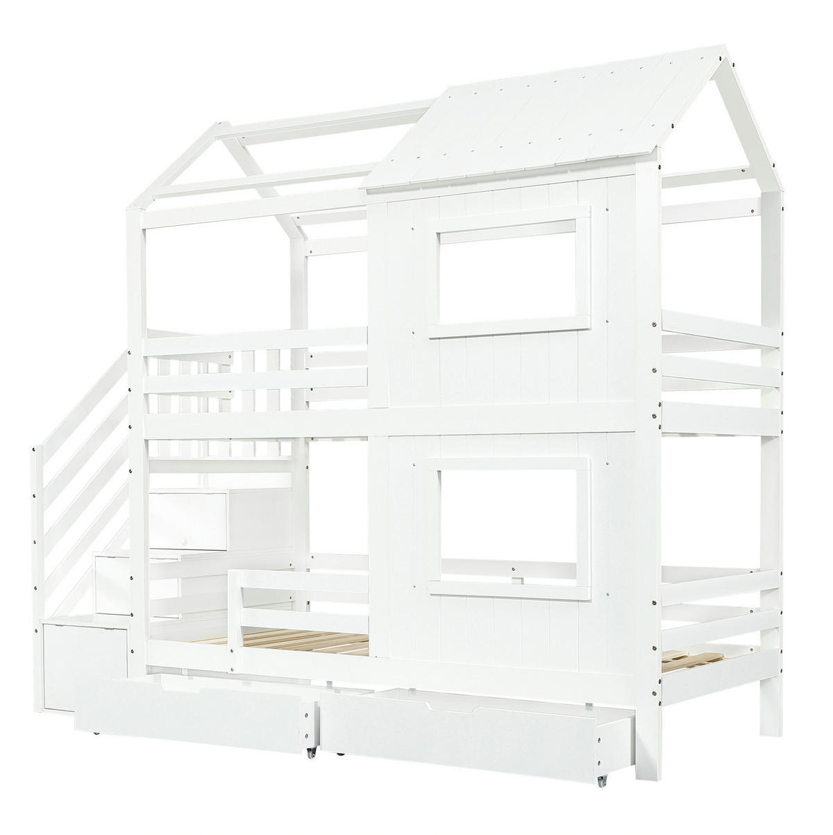 ETAGENBETT 90/200 cm Weiß mit Treppenschrank und Schublade ohne Matratze - Weiß, Holz (90/200cm) - MIVRAY