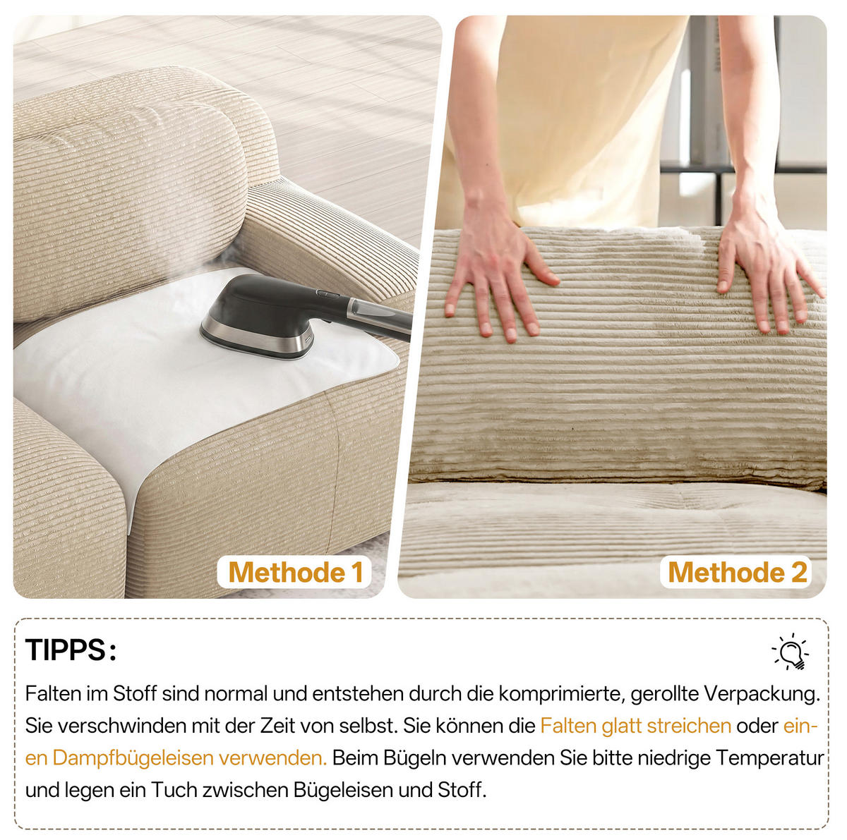 ECKSOFA 208/103/70 cm in Beige aus Cord mit modularem Design und rutschfester Unterseite - Beige, Textil (103/70/208cm) - Flora Grace
