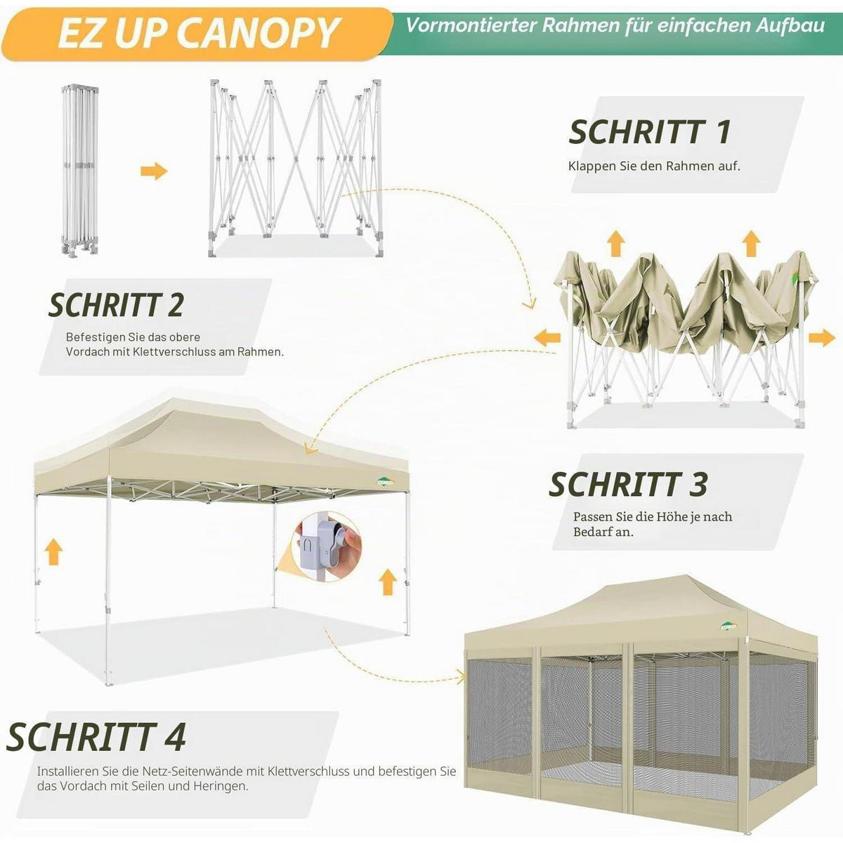 FALTPAVILLON 3 x 4.5 m Wasserdicht mit 4 Netzseitenwänden Khaki - Beige, Textil (300/336/450cm)