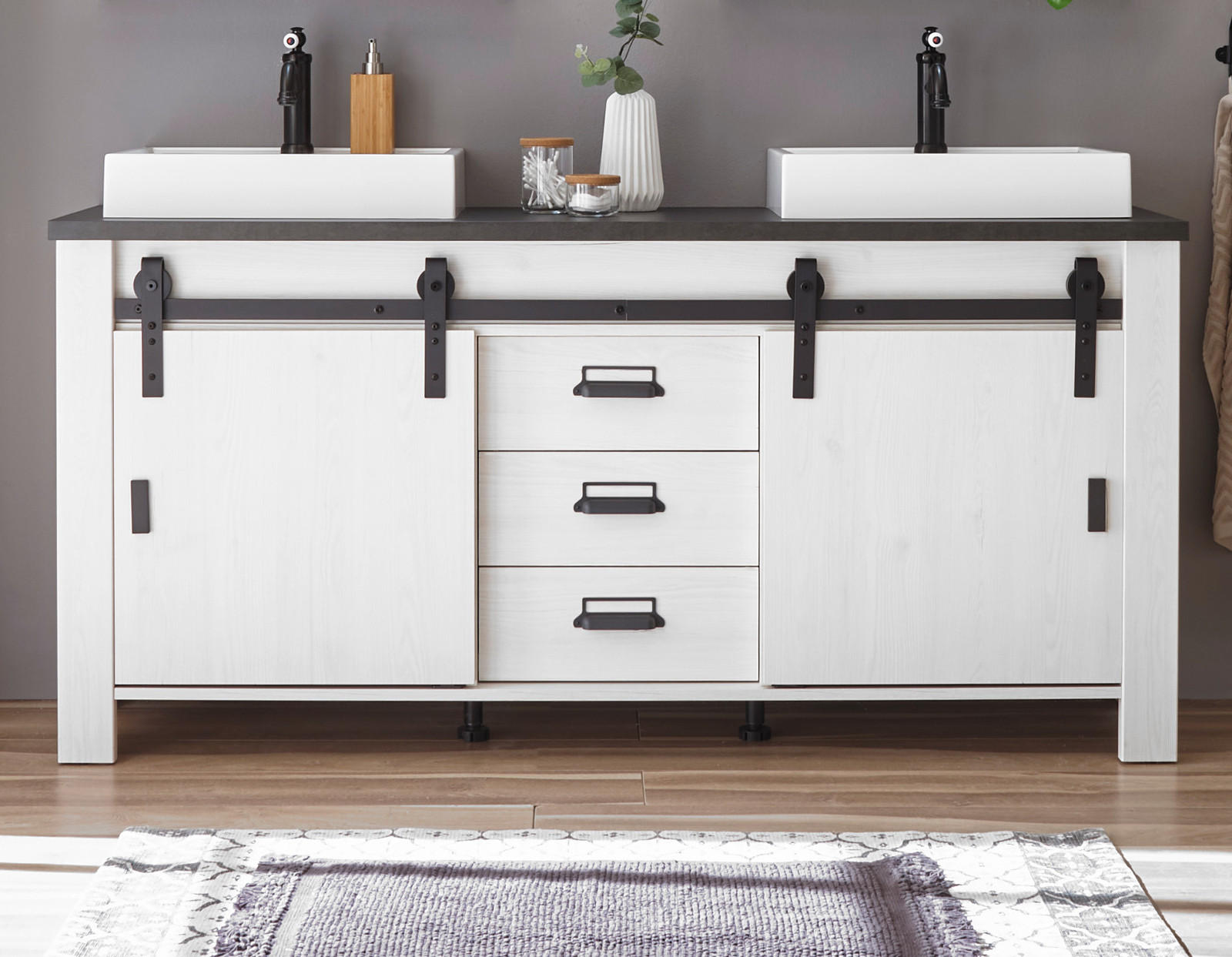 DOPPELWASCHTISCH weiß Pinie, anthrazit Landhaus, Waschtisch- Set inkl. 2 x Waschbecken - Anthrazit/Weiß, Holzwerkstoff/Metall (164/81/43cm) - Furn.Design