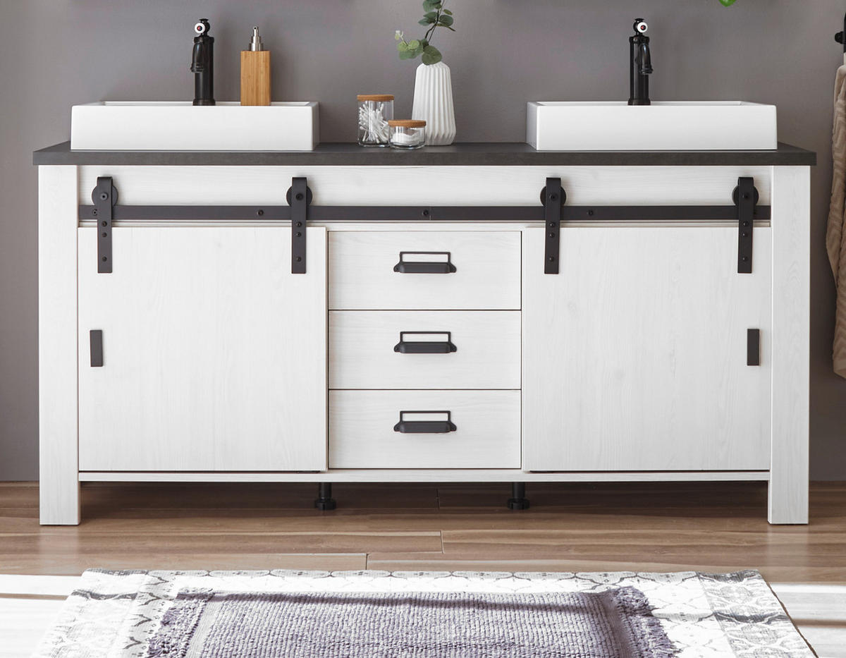 DOPPELWASCHTISCH weiß Pinie, anthrazit Landhaus, Waschtisch- Set inkl. 2 x Waschbecken - Anthrazit/Weiß, Holzwerkstoff/Metall (164/81/43cm) - Furn.Design
