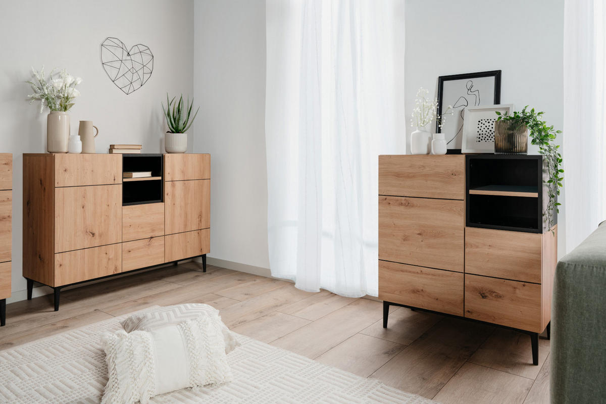 KOMMODE Eiche Artisan, schwarz 80 cm, Anrichte 2-türig mit 7 Fächern - Schwarz/Eiche Artisan, Holzwerkstoff (80/90/42cm) - Furn.Design