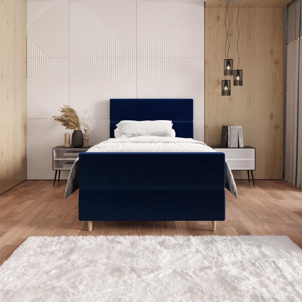 BOXBETT FLO PLUS 100x200 Itaka 11, mit Matratze H3, Bonell und Topper, Dunkelblau - Dunkelblau, Holz/Textil (100/200cm) - Bedante