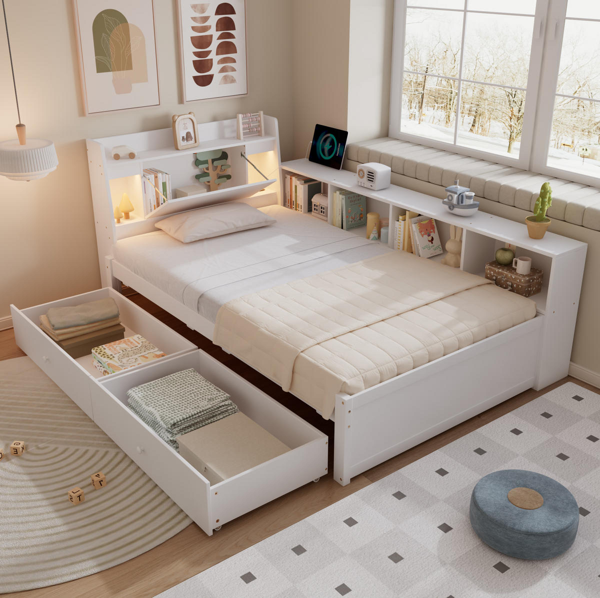 BETT 90/200 cm mit Kopfteil, Stauraum und Ladebuchse in Weiß, inkl. Lattenrost - Weiß, Holz (90/200cm) - BEAOK