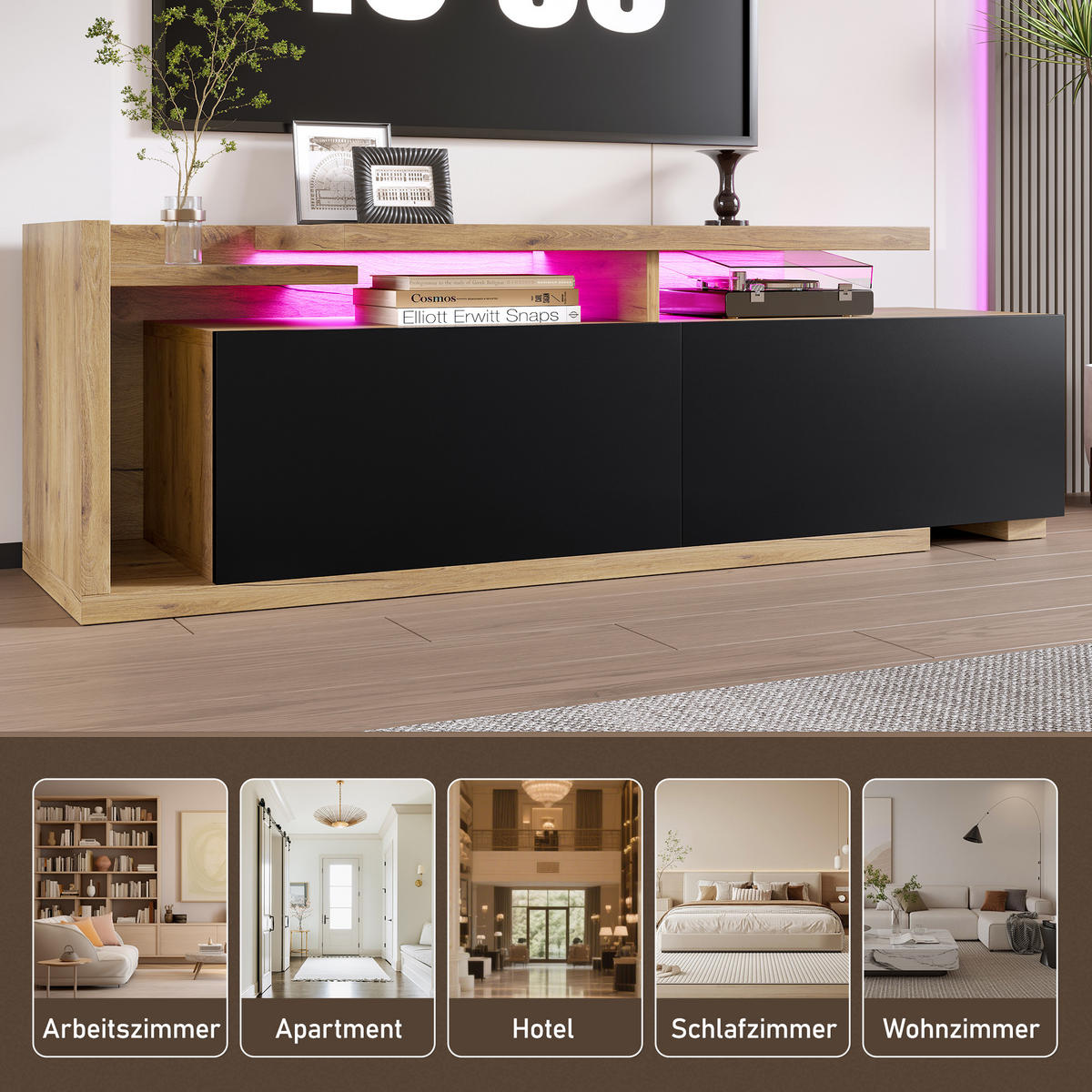 TV-SCHRANK modular 2-in-1, mit LED, erweiterbar 133.5/40/45 cm - Naturfarben, Holzwerkstoff (133.5/45/40cm) - Redom