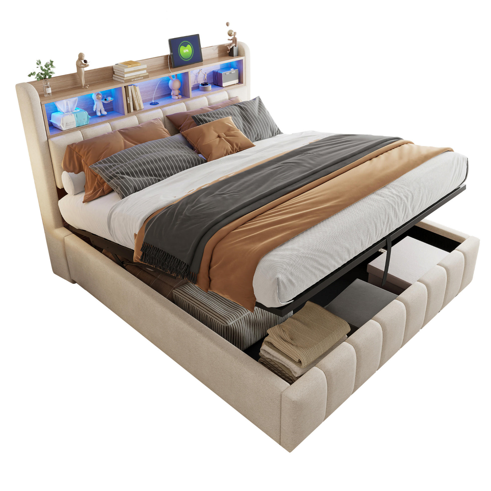 Modfu ČALOUNĚNÁ postel z látky 180x200 cm béžová s LED osvětlením, USB-C a hydraulickým úložným prostorem