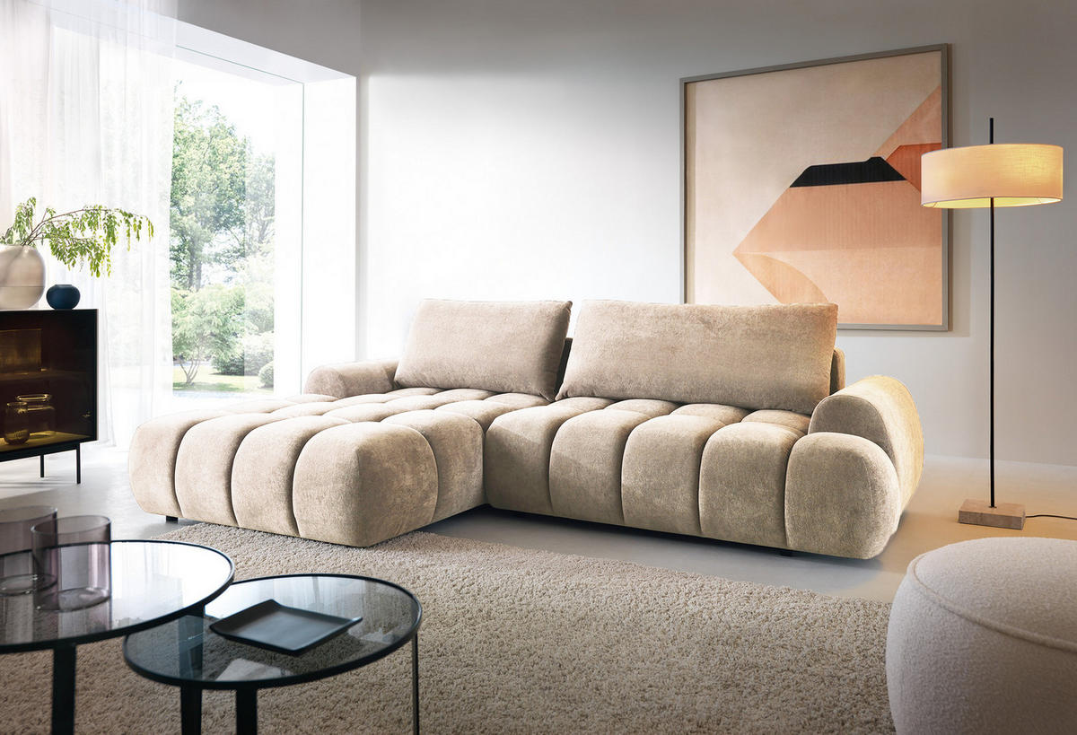 ECKSOFA 280 cm Valerio mit Bettkasten, 280 cm, Links, Schlaffunktion, Beige - Beige, Holz (280/177cm) - Emporius