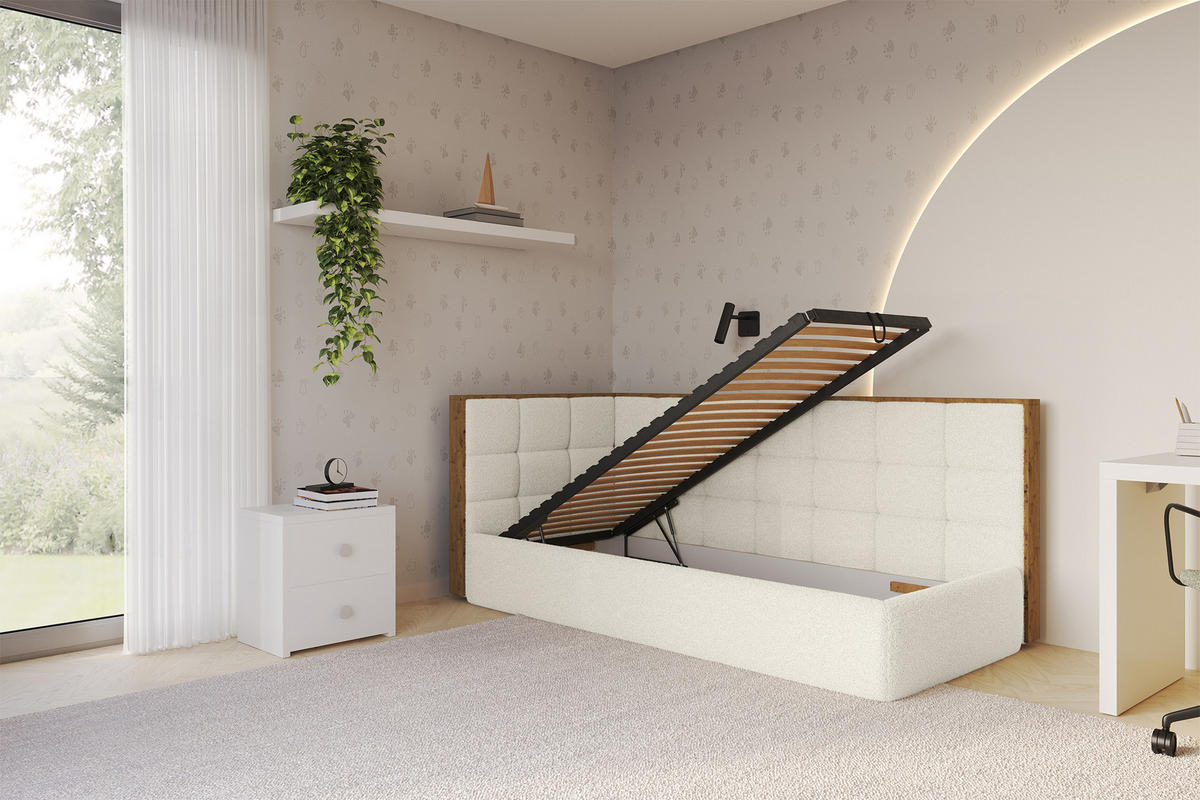 EINZELLBETT Jugendbett mit Bettkasten, Rechts - SOVY 100x200 Beige - Perlmutt, Holzwerkstoff/Textil (100/200cm) - ALTDECOR