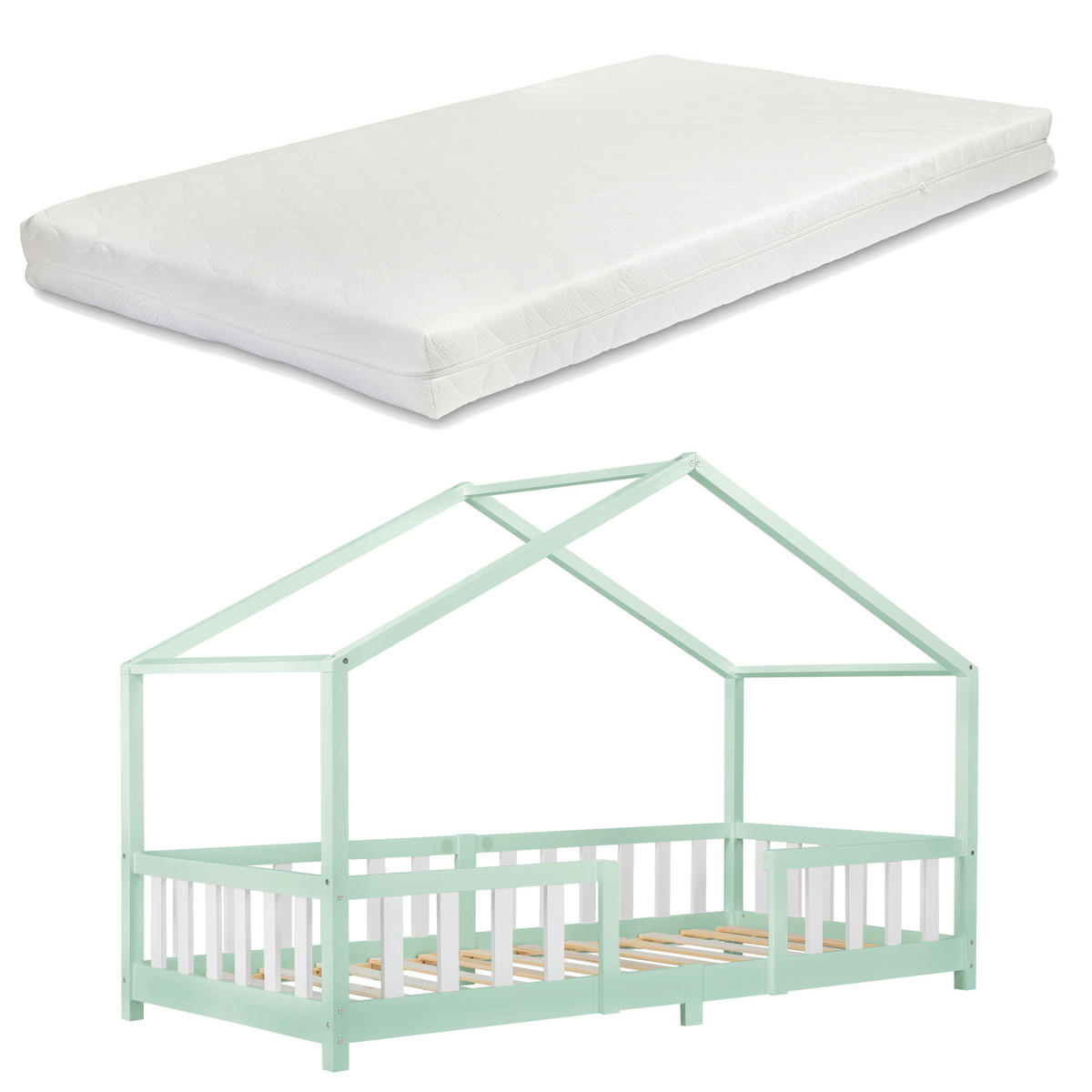 HAUSBETT Treviolo mit Matratze - Weiß/Mintgrün, Holz/Textil (90/200cm) - [en.casa]