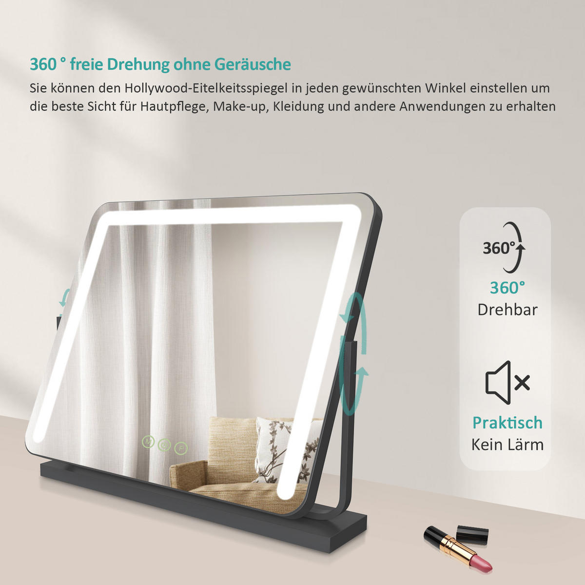 KOSMETIKSPIEGEL mit Beleuchtung, Schwarz, 60/51,6/11,8 cm - Schwarz, Glas (51.6/11.8/60cm) - EMKE