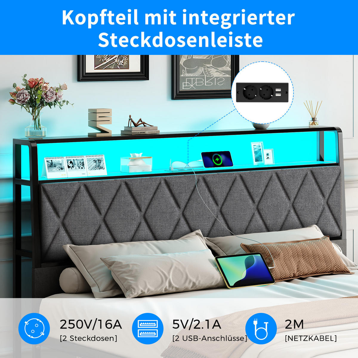 BETT 140 x 190 cm mit Metall Lattenrost,Bettgestell,Stauraum unter dem Bett,Doppelbett mit LED-Beleuchtung,mit 2 AC-Steckdosen und USB,Schwarz - Schwarz, Metall