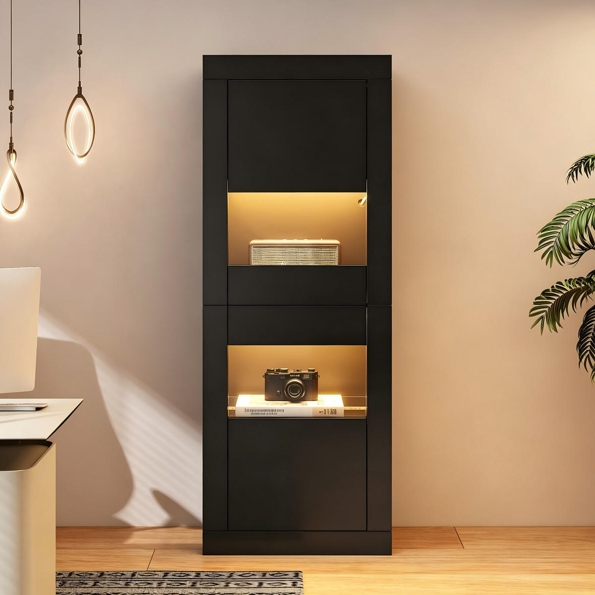 VITRINE 61x42x162 cm Schwarz mit LED und Glasboden - Schwarz, Holzwerkstoff (61/162/42cm) - FLIEKS