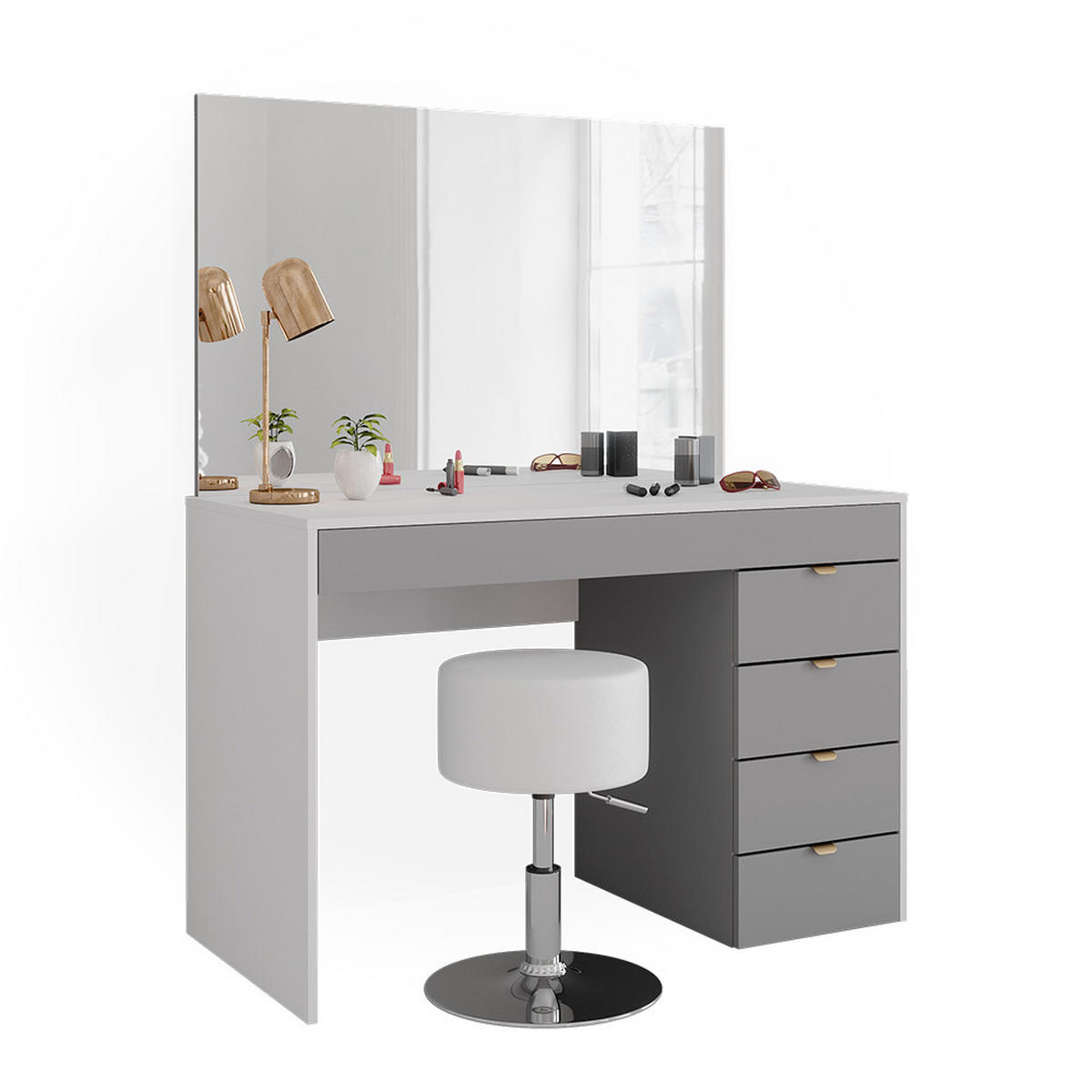 SCHMINKTISCH Elise Weiß/Grau/Grau 115 cm mit Hocker - Weiß/Grau, Holzwerkstoff (115/76/55cm) - Vicco