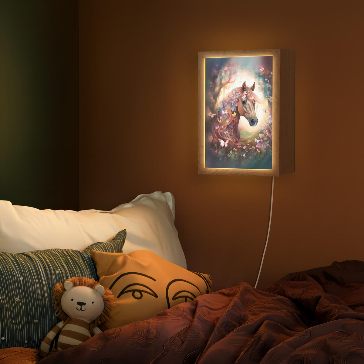 NÁSTĚNNÁ LAMPA Kůň - Příroda - Květiny - Motýli - Les 20x30 cm - tmavě hnědá, kompozitní dřevo (20/30/8cm) - OnlyWow