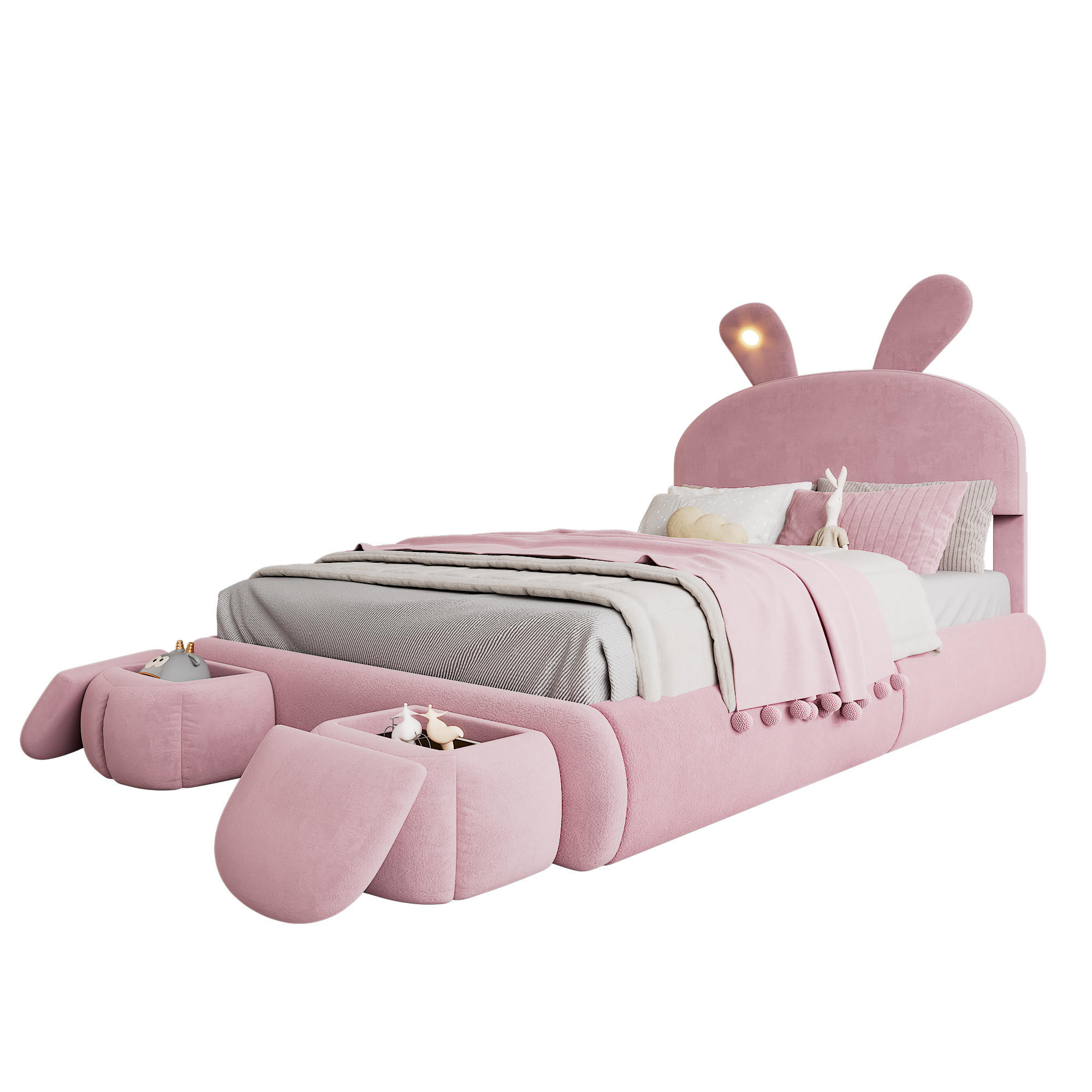 POLSTERBETT 140/200 cm rosa aus Samt mit LED-Hasenohren und Bettkasten - Rosa, Textil (140/200cm) - OKWISH