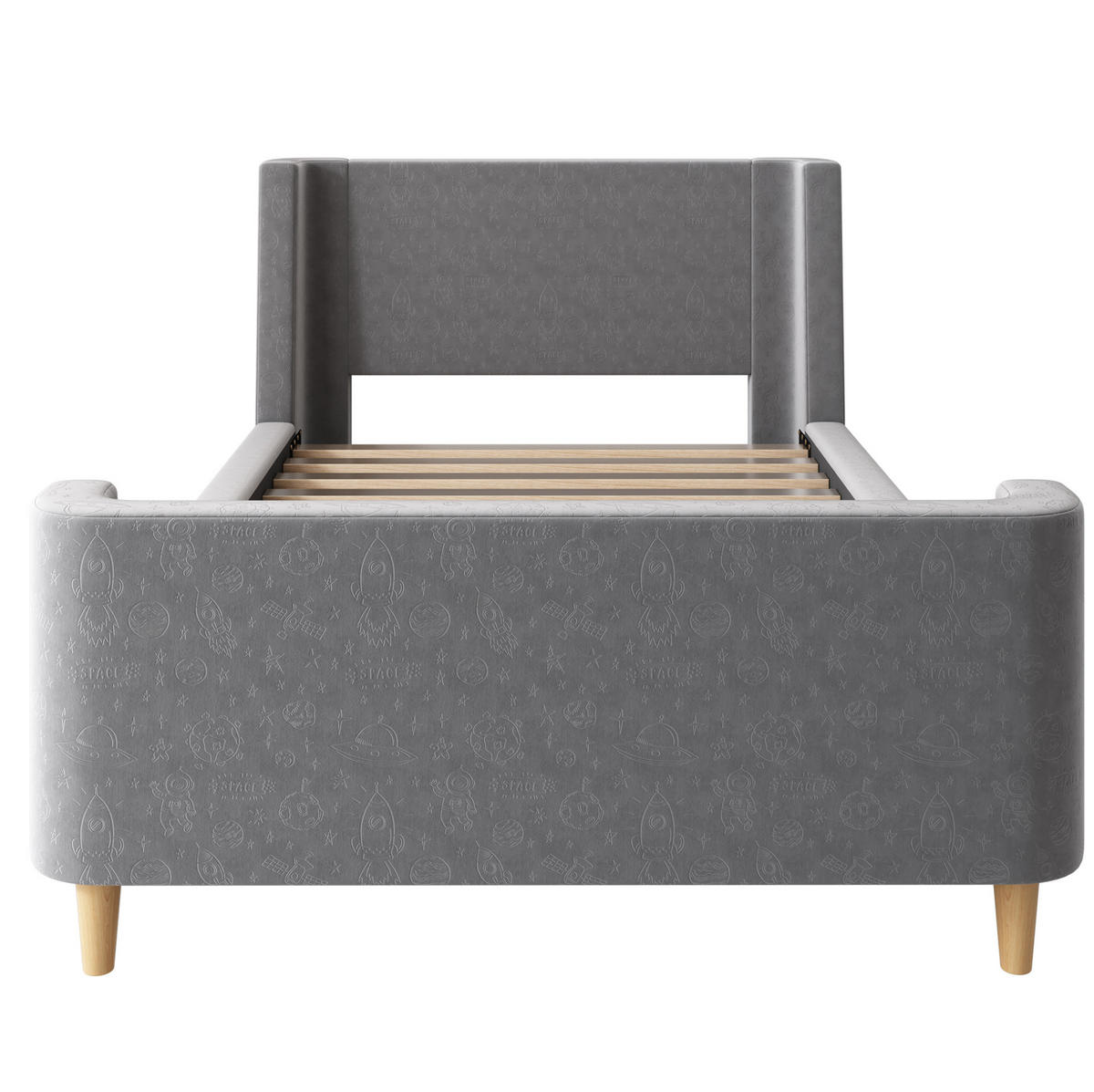 KINDERBETT 90/200 cm in Grau aus Samt mit Weltraummuster und Schlittenbett-Design - Grau, Textil (90/200cm) - Flora Grace
