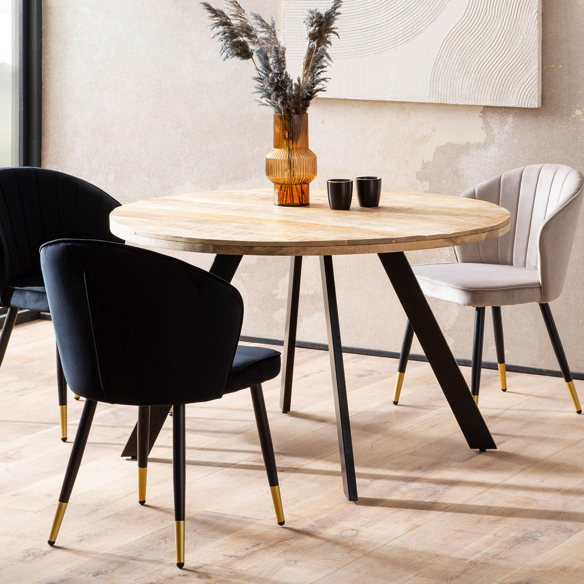ESSZIMMERTISCH – Rund Mango Massivholz 120x120x76 cm Metallbeine - Schwarz/Braun, Holz/Metall (120/120/76cm) - KADIMA DESIGN