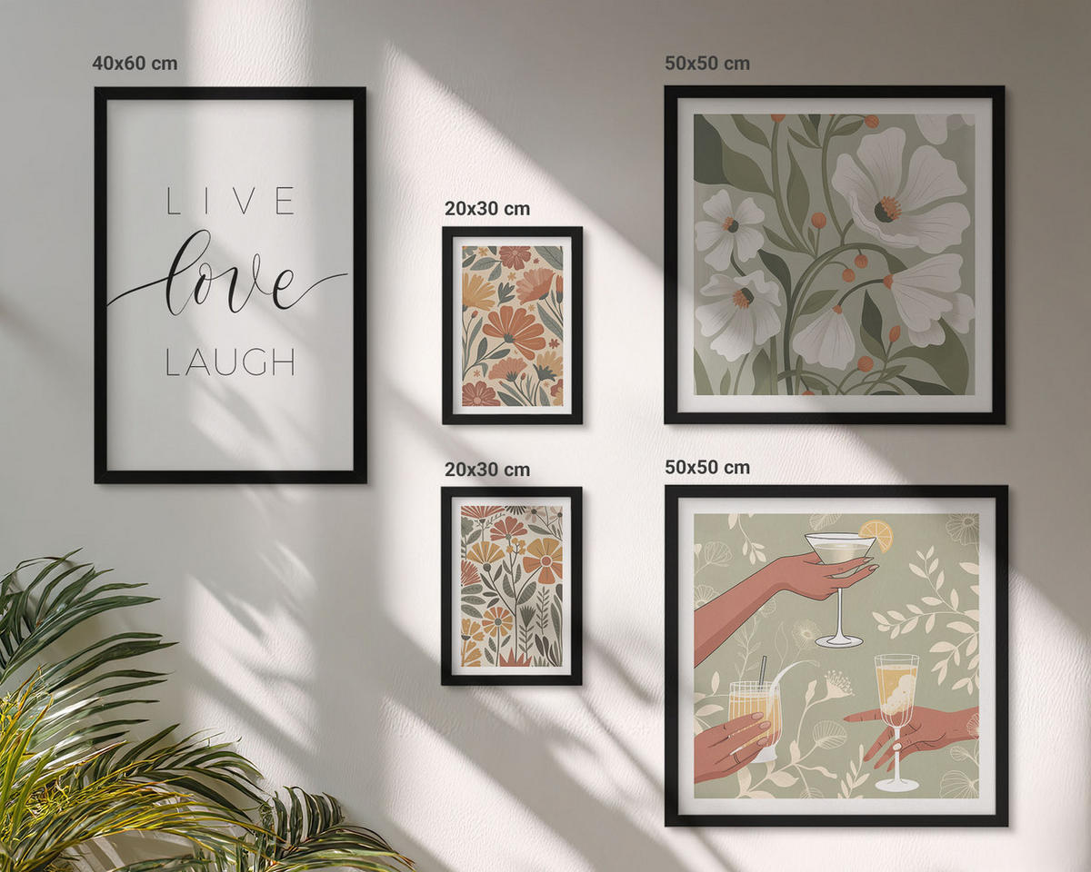 BILDER SET 5er Set - 50x50 cm & 20x30 cm & 40x60 cm Schwarzer Rahmen - Boho-Pflanzenmuster - Schwarz, Kunststoff (40/60cm) - TULUP