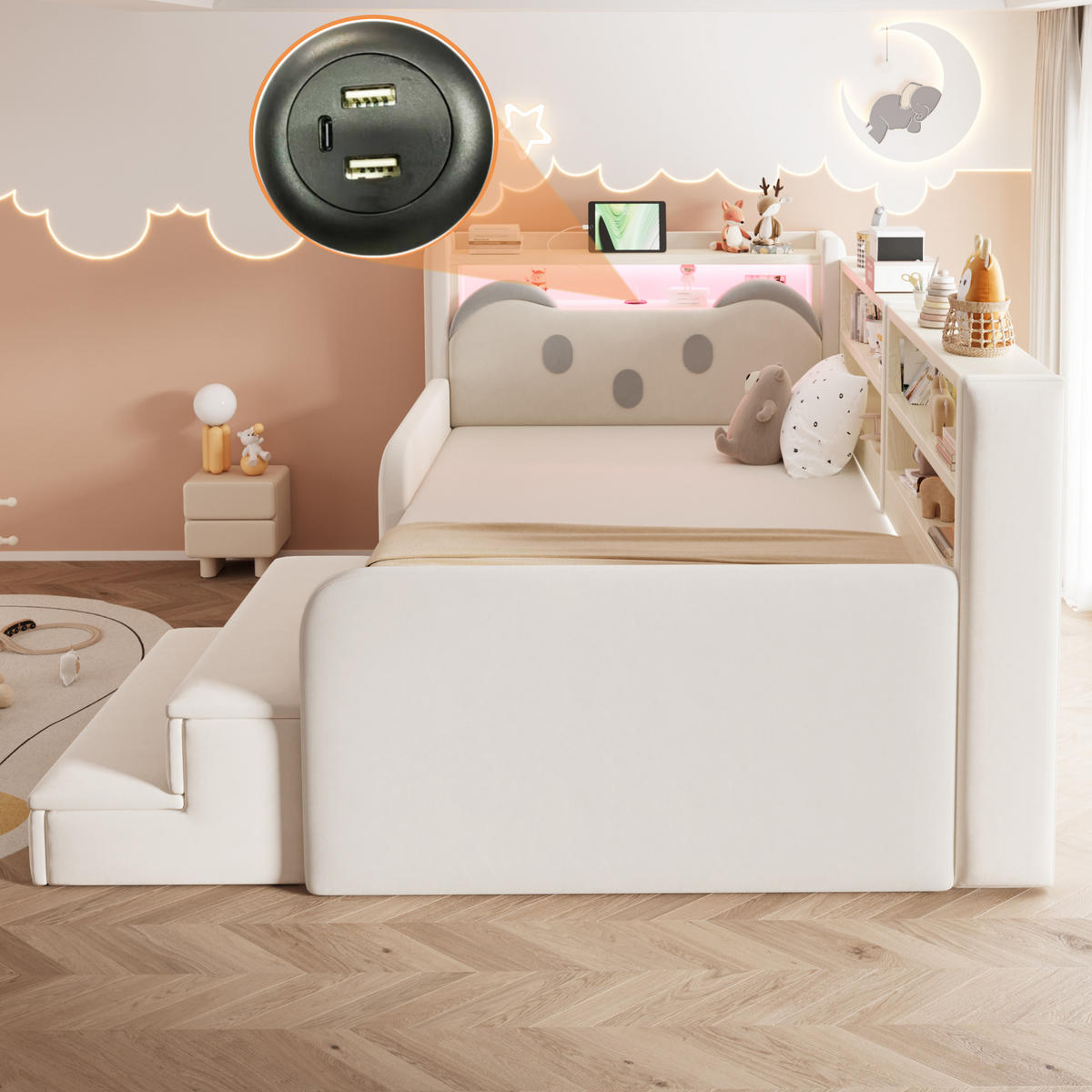 POLSTERBETT 90*200 cm mit LED, USB und Schublade, Beige - Beige, Textil (90/200cm) - FLIEKS