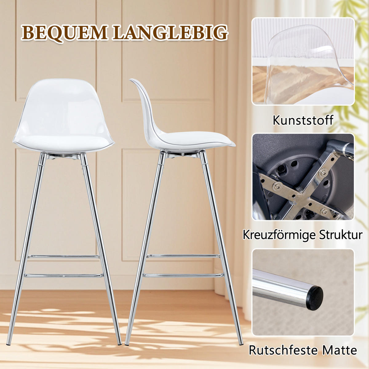 BARHOCKER mit Rückenlehne 2er-Set Transparent Silber - Silberfarben, Metall (33/96.5/38cm) - Meubliv