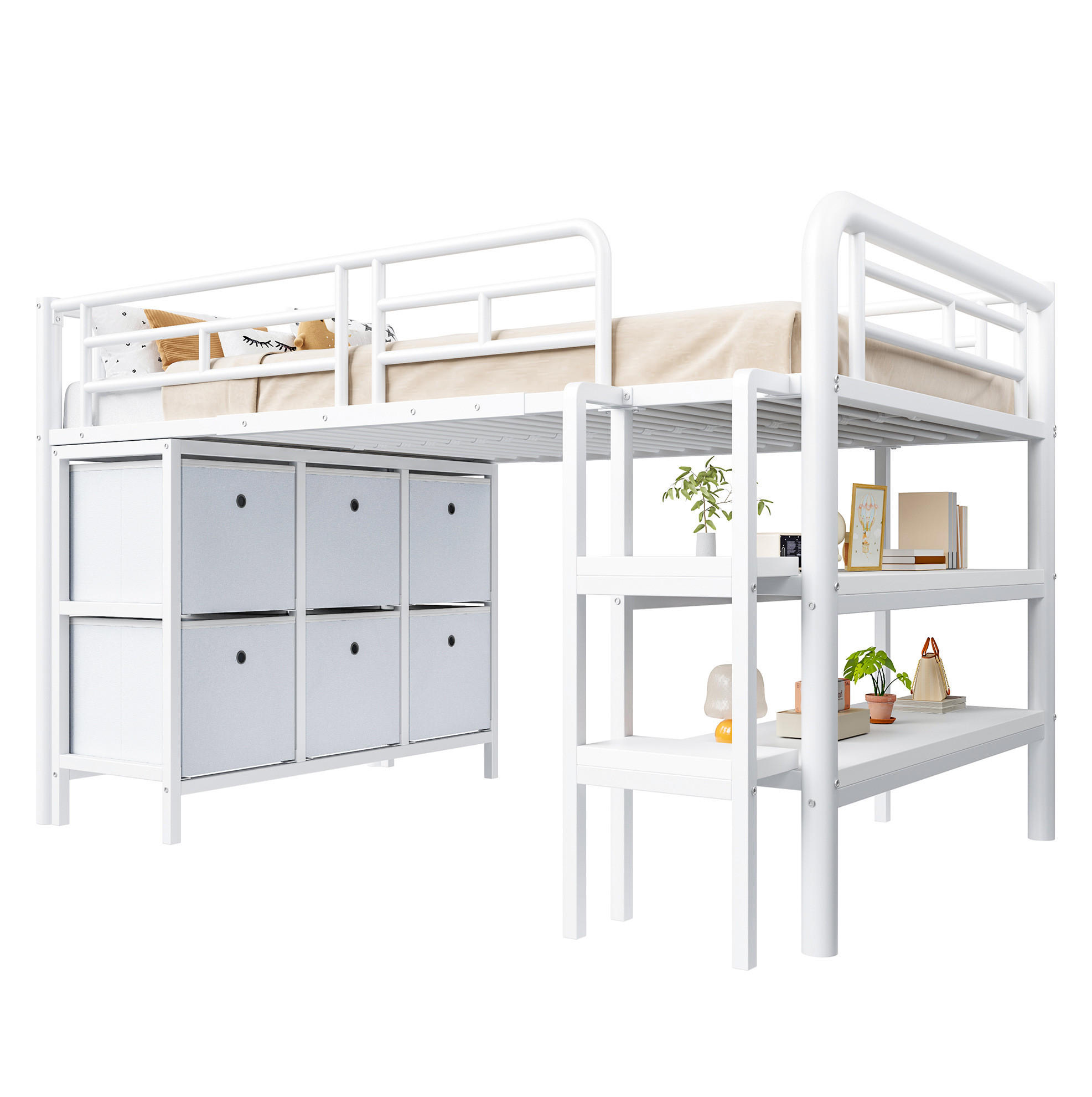 HOCHBETT 90/200 cm aus Metall mit Stauraum und breiter Treppe, Weiß - Weiß, Metall (90/200cm) - Flora Grace