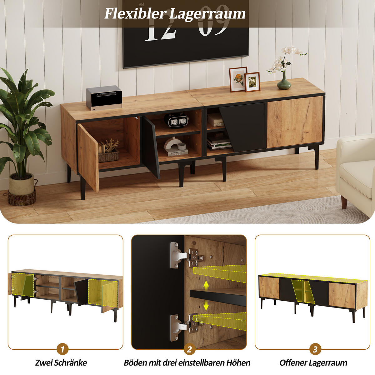 TV ormarić od iverice 160x36,5x45 cm prirodna boja i crna s 4 pretinca i 7 PVC nogu, za TV do 65" - svijetlo smeđa, drvni materijal (160/45/36.5cm) - Modfu