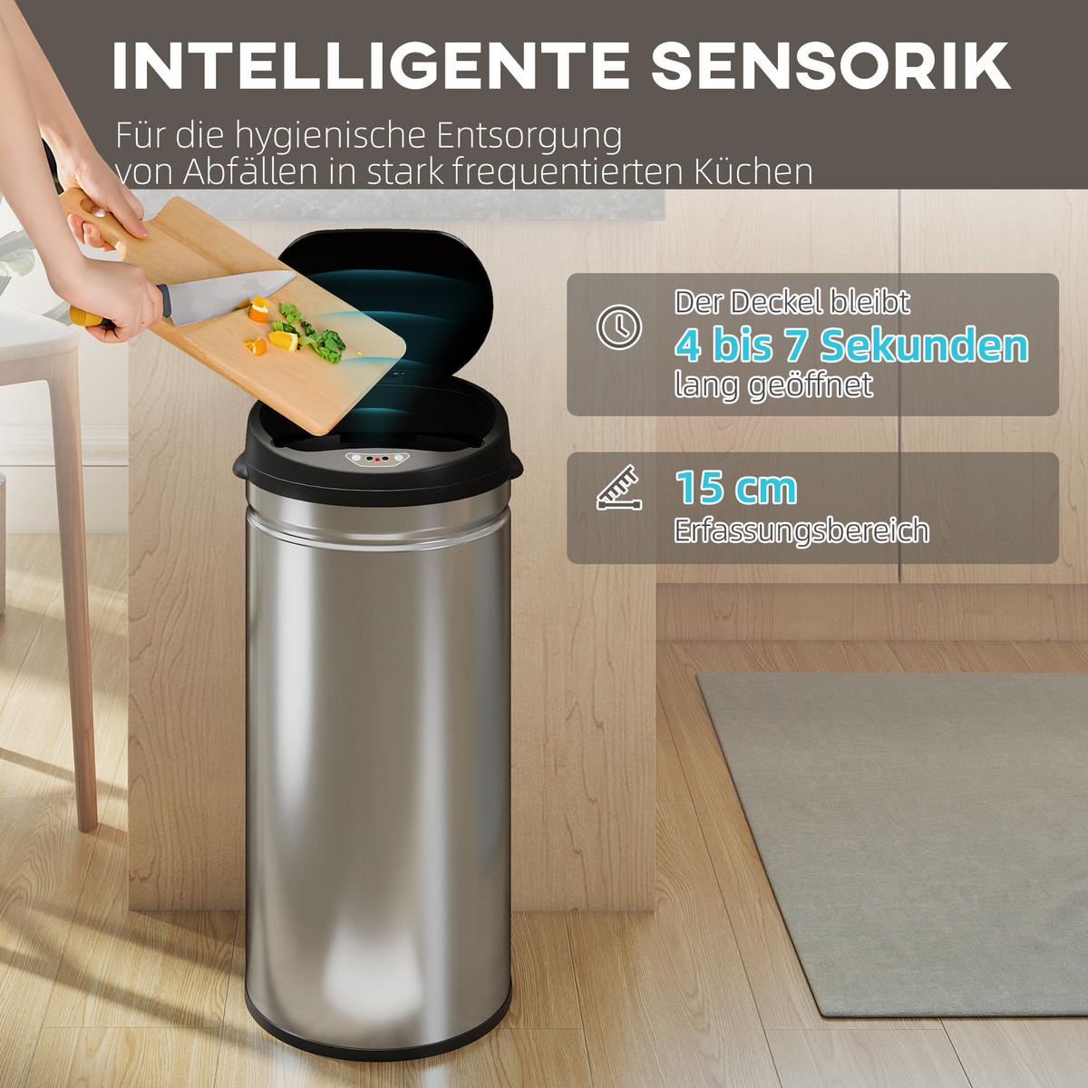 MÜLLEIMER mit Sensor 42L Edelstahl Automatischer Mülleimer mit Soft-Close-Deckel - Silberfarben, Metall (30.5/68/30.5cm) - HOMCOM