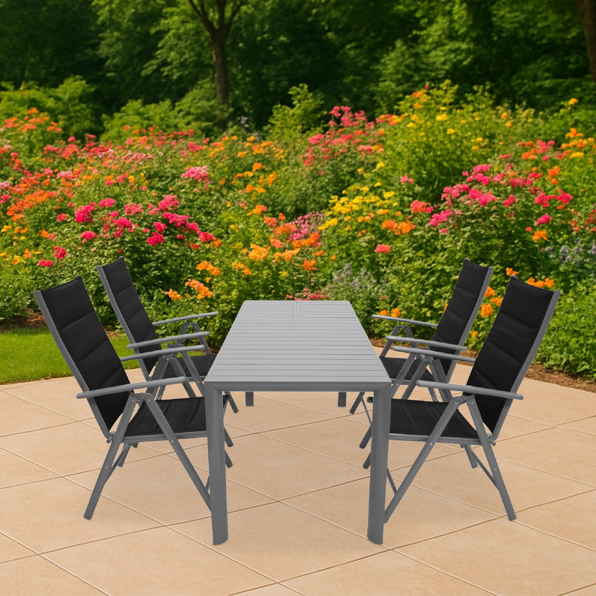 GARTEN-GARNITUR Ashford - 5-teilige Garten-Essgruppe (4x Klappsessel, Aluminium silbergrau + Textilgewebe gepolstert schwarz - Grau, Metall - TPFGarden