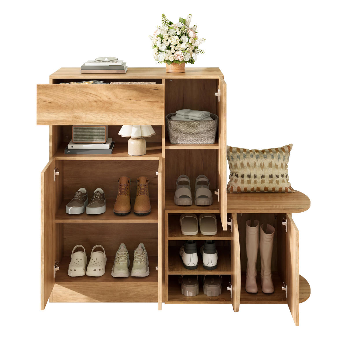 SCHUHSCHRANK mit Sitzbank 5 Türen Stauraum Natur Modern - Naturfarben, Holzwerkstoff (130/110.5/35cm) - FLIEKS