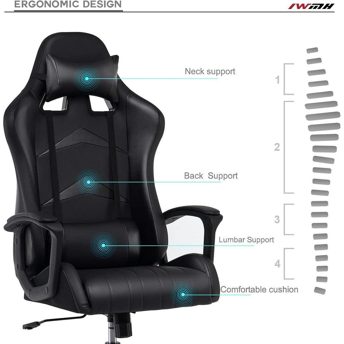 GAMING Stuhl mit Kopf- und Lendenkissen Schwarz 52 x 49 x 130 cm - Schwarz, Kunststoff (49/130/52cm)