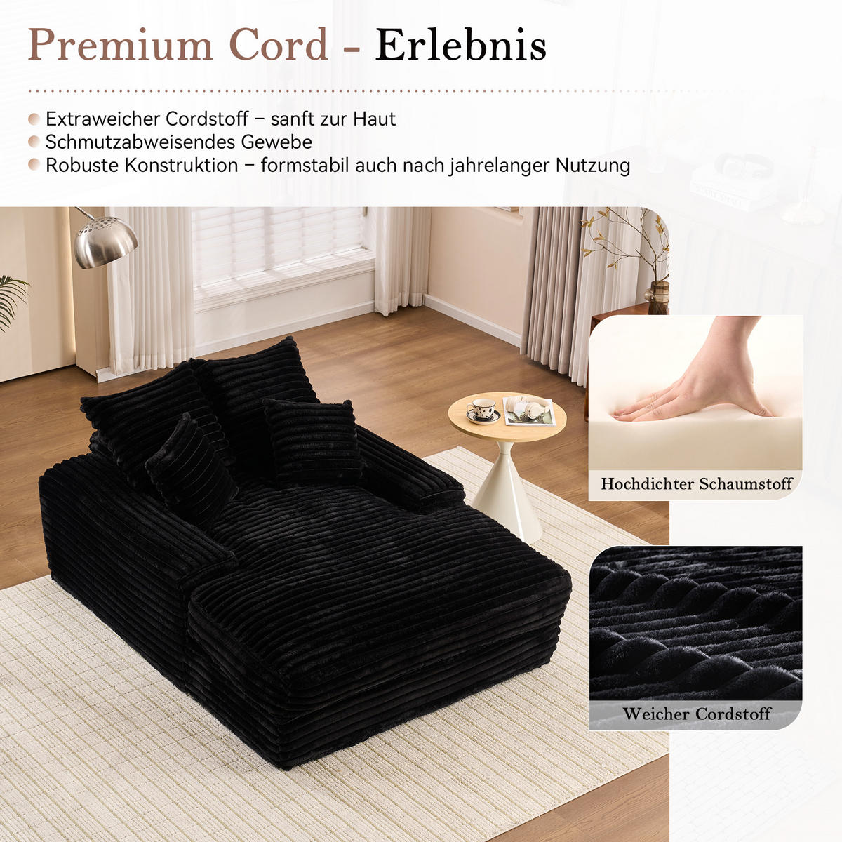 RELAXLIEGE Cordstoff mit Memory-Schaum und 4 Kissen 137/175/63 cm Schwarz - Schwarz, Textil (137/63/175cm) - Redom