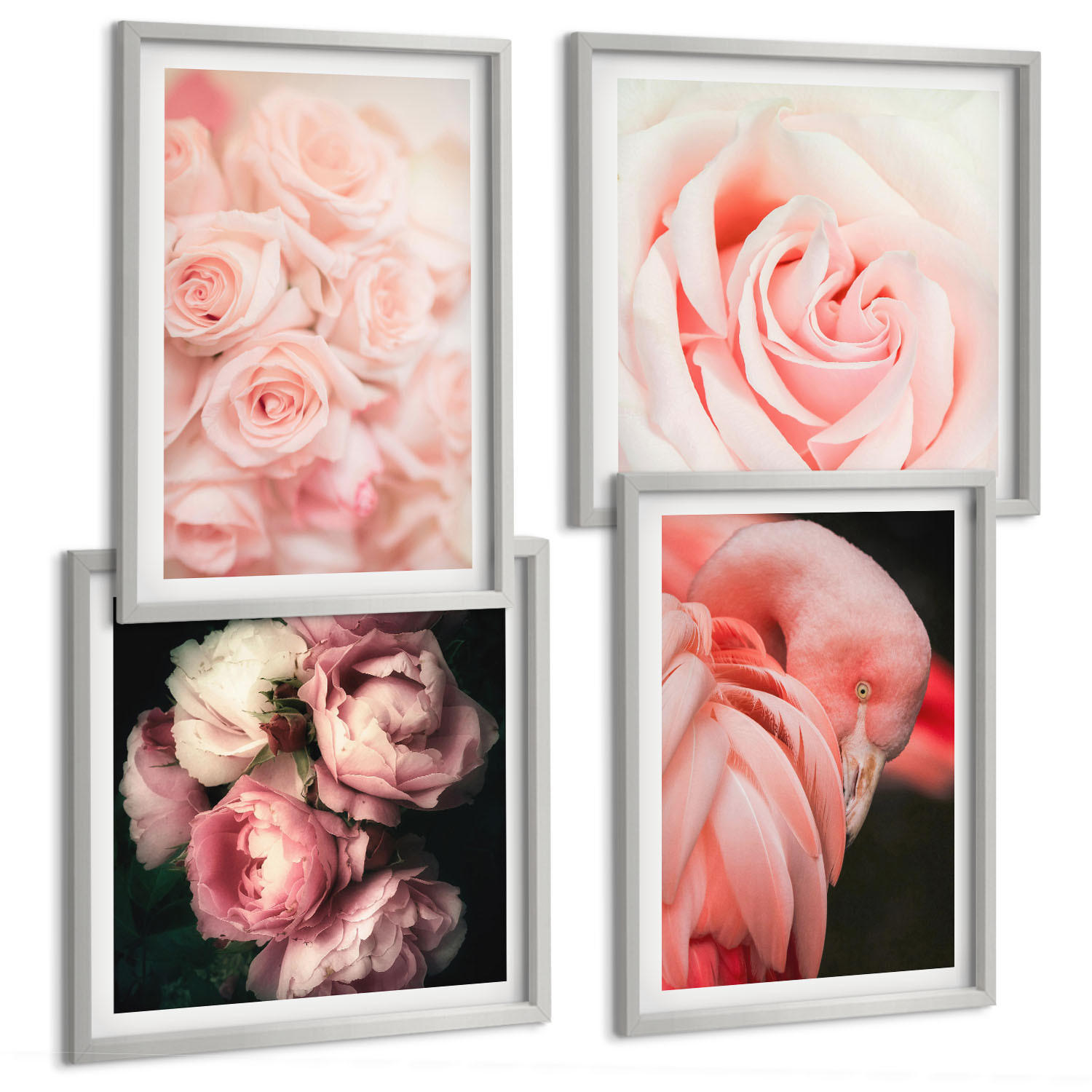 BILDER SET 4er Set - 50x50 cm & 40x60 cm Silberner Rahmen - Pastellrosa Flamingos - Silberfarben, Kunststoff (50/50cm) - TULUP