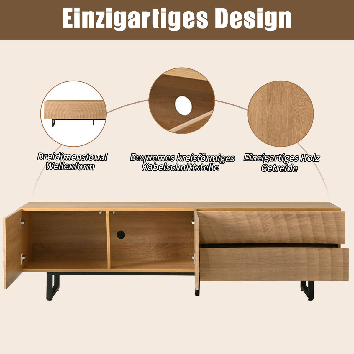 TV-LOWBOARD 180/38/51,5 cm natur aus Spanplatte mit Stauraum und Kabeldurchführung - Naturfarben, Holzwerkstoff (38/51.5/180cm) - OKWISH