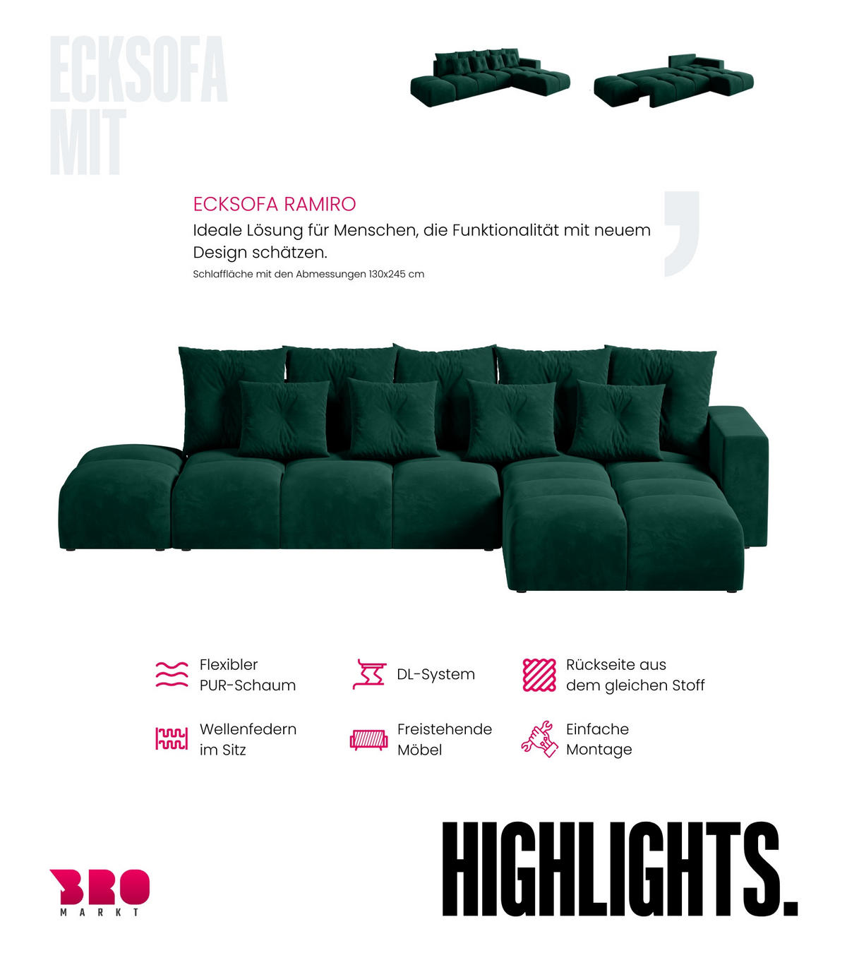 ECKSOFA mit Schlaffunktion RAMIRO Grün - Dunkelgrün, Textil (325/185cm)