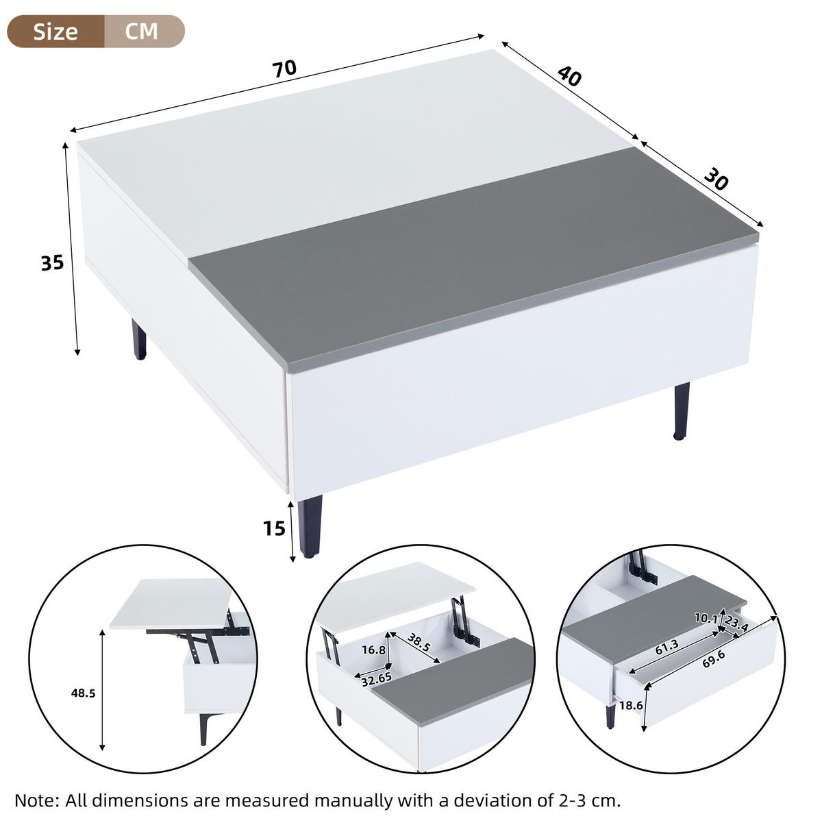 COUCHTISCH 70/70/35 cm weiß/grau aus MDF mit LED und Stauraum - Weiß, Holzwerkstoff (70/70/35cm) - OKMYHOME