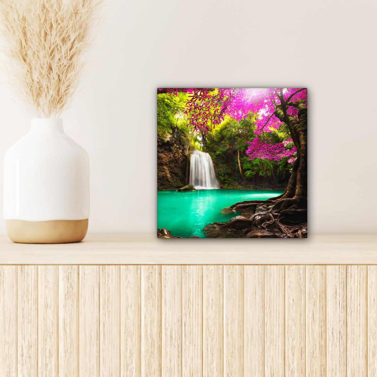 LEINWANDBILD Wasserfall mit bunten Blumen und Bäumen - Natur - Dschungel 20x20 cm - Waldgrün, Textil (20/20cm) - MuchoWow