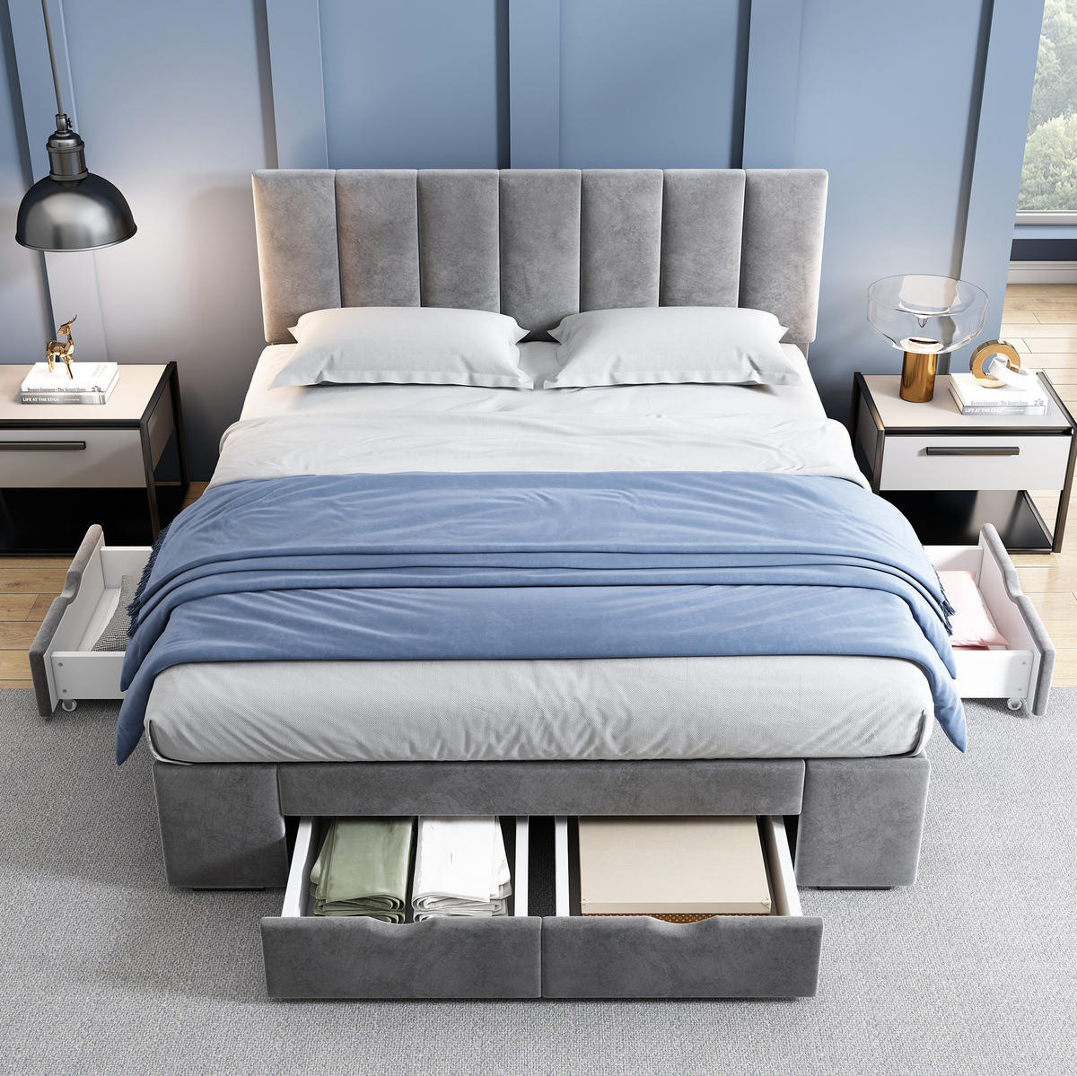 POLSTERBETT 140/200 cm mit höhenverstellbarem Kopfteil, 4 Schubladen & Lattenrost, Grau - Grau, Textil (140/200cm) - Redom